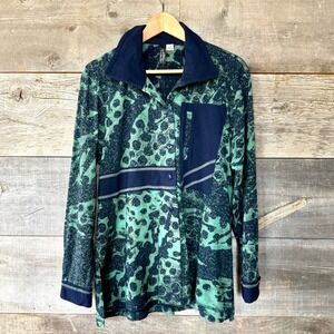 Winter Sun Womens‎ Hand Painted Abstract Print Button Up Shirt S Teal Navy Artsy